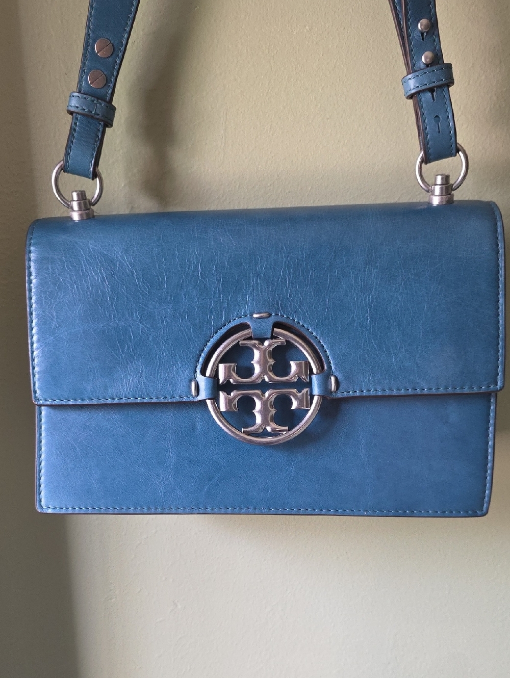 Tory Burch Miller Shoulder Bag, specifically in a blue glazed leather finish.